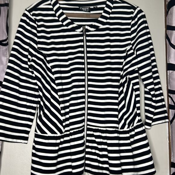 Onque Casuals Women’s Size Medium Black White Stripe Peplum Zip Front Sweater - Picture 6 of 11